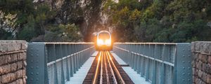 Preview wallpaper train, bridge, rock, light