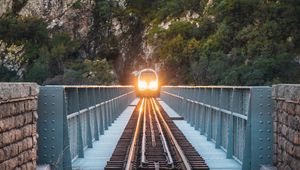 Preview wallpaper train, bridge, rock, light