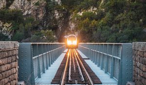 Preview wallpaper train, bridge, rock, light