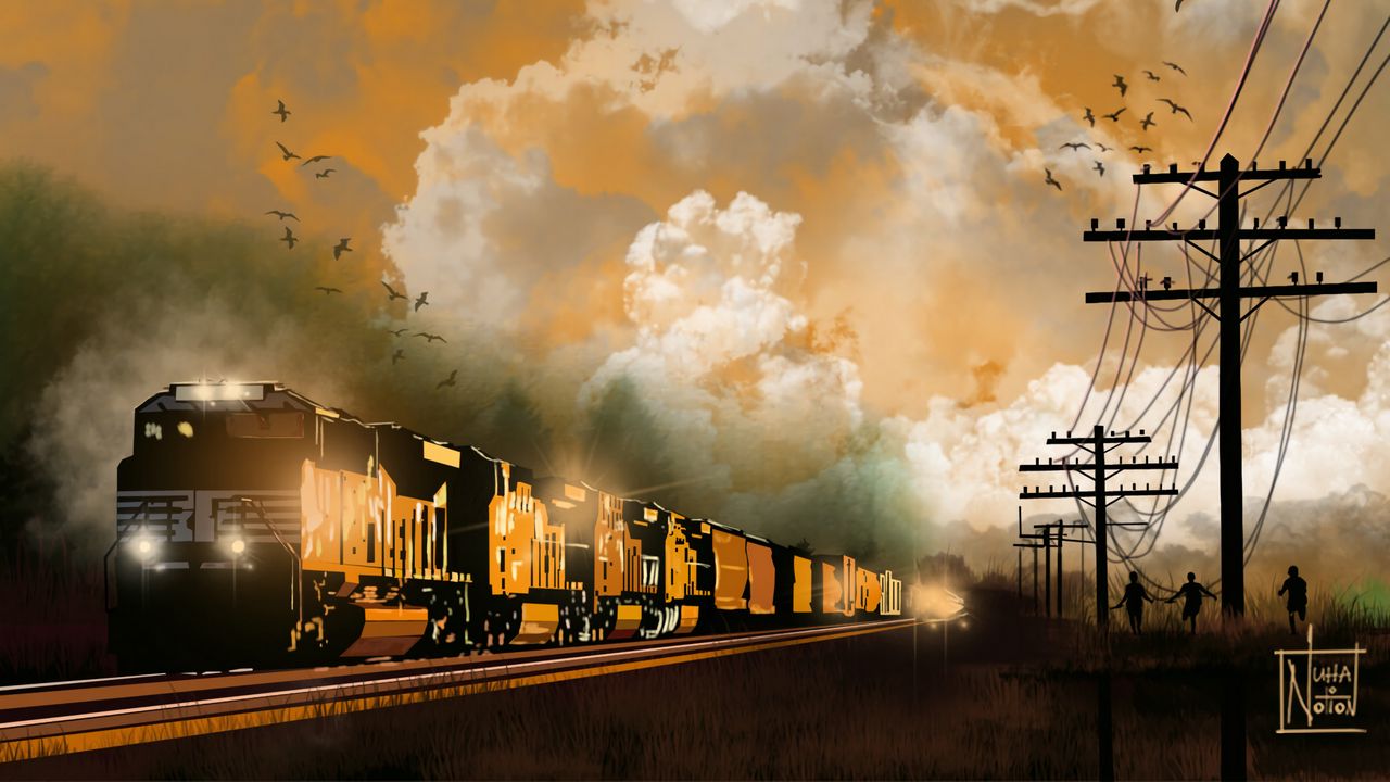 Wallpaper train, carriages, clouds, sunset, art