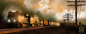 Preview wallpaper train, carriages, clouds, sunset, art