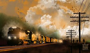 Preview wallpaper train, carriages, clouds, sunset, art