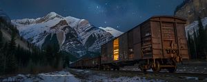 Preview wallpaper train, cars, light, mountains, snow, evening
