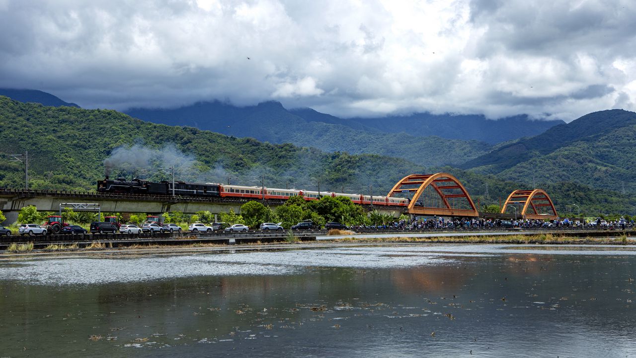 Wallpaper train, cars, smoke, bridge, river, hills, mountains