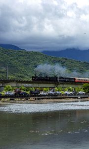 Preview wallpaper train, cars, smoke, bridge, river, hills, mountains
