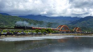 Preview wallpaper train, cars, smoke, bridge, river, hills, mountains