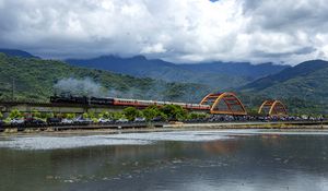 Preview wallpaper train, cars, smoke, bridge, river, hills, mountains