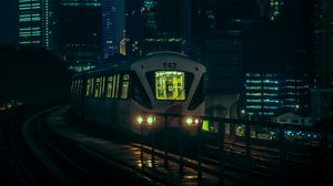 Preview wallpaper train, city, night, buildings, dark