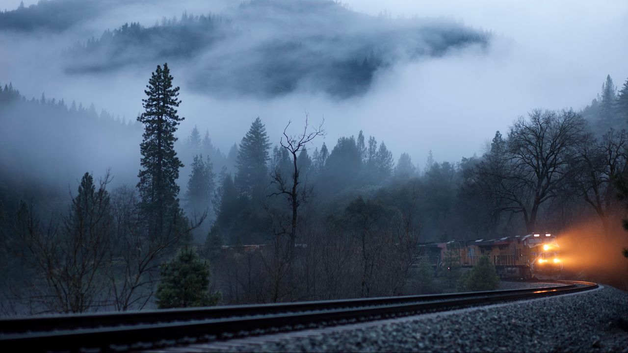 Wallpaper train, fog, railroad, light, trees