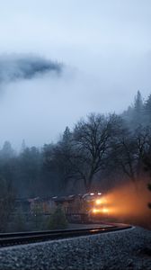 Preview wallpaper train, fog, railroad, light, trees