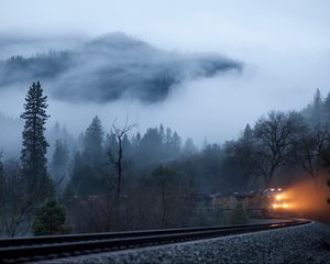 Preview wallpaper train, fog, railroad, light, trees