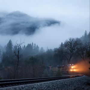 Preview wallpaper train, fog, railroad, light, trees