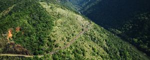 Preview wallpaper train, height, wood, mountains, railway, movement, green, trees