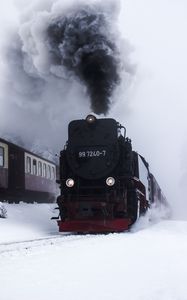Preview wallpaper train, locomotive, smoke, snow, black