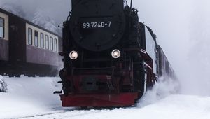 Preview wallpaper train, locomotive, smoke, snow, black