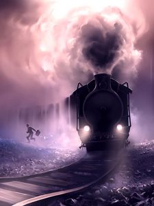 Preview wallpaper train, man, railroad, art, rush, escape