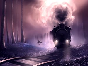 Preview wallpaper train, man, railroad, art, rush, escape