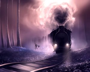 Preview wallpaper train, man, railroad, art, rush, escape