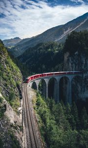 Preview wallpaper train, mountains, aerial view, bridge, railway