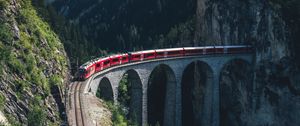 Preview wallpaper train, mountains, aerial view, bridge, railway