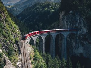 Preview wallpaper train, mountains, aerial view, bridge, railway