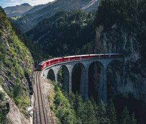 Preview wallpaper train, mountains, aerial view, bridge, railway