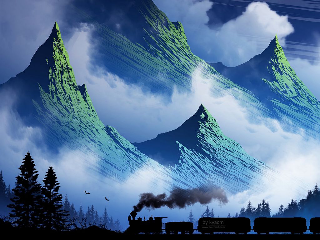 1024x768 Wallpaper train, mountains, art, fog, smoke