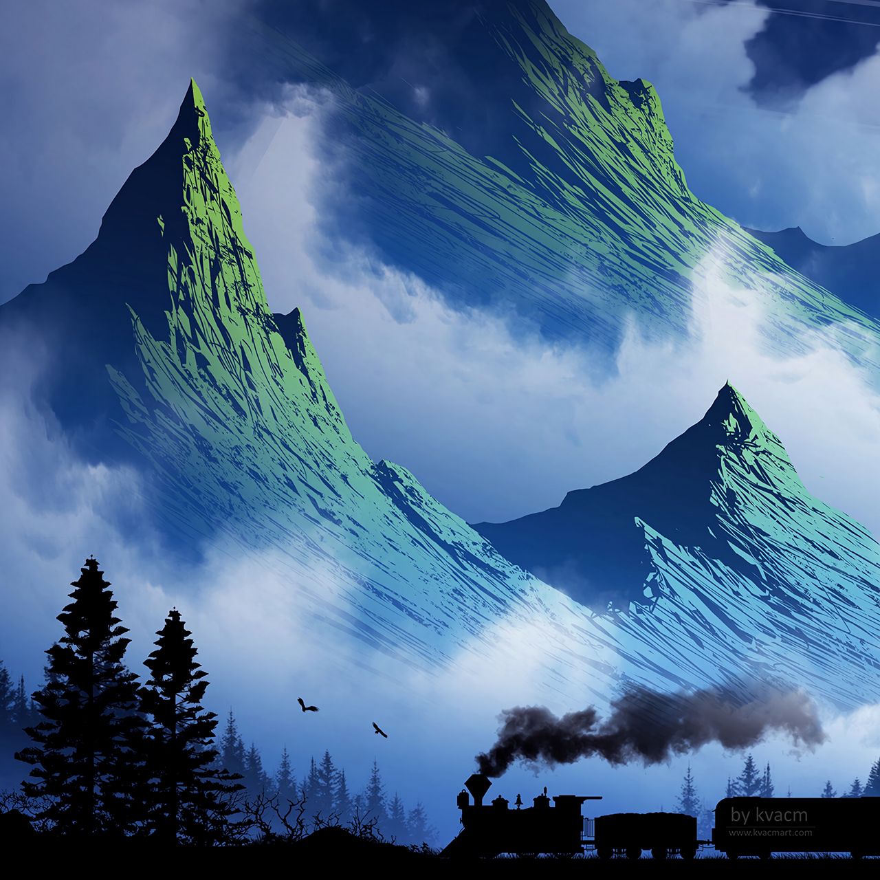1280x1280 Wallpaper train, mountains, art, fog, smoke