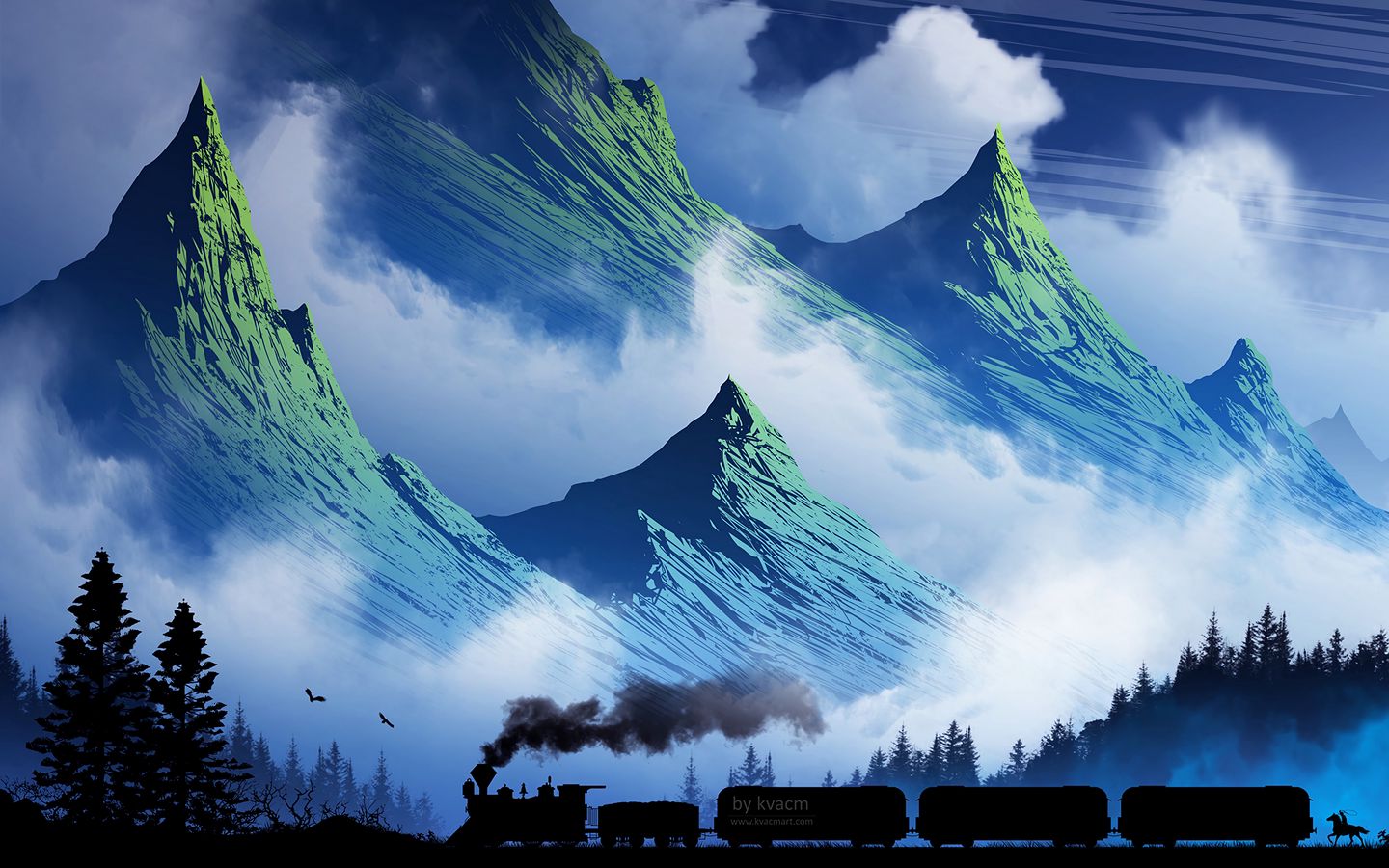1440x900 Wallpaper train, mountains, art, fog, smoke
