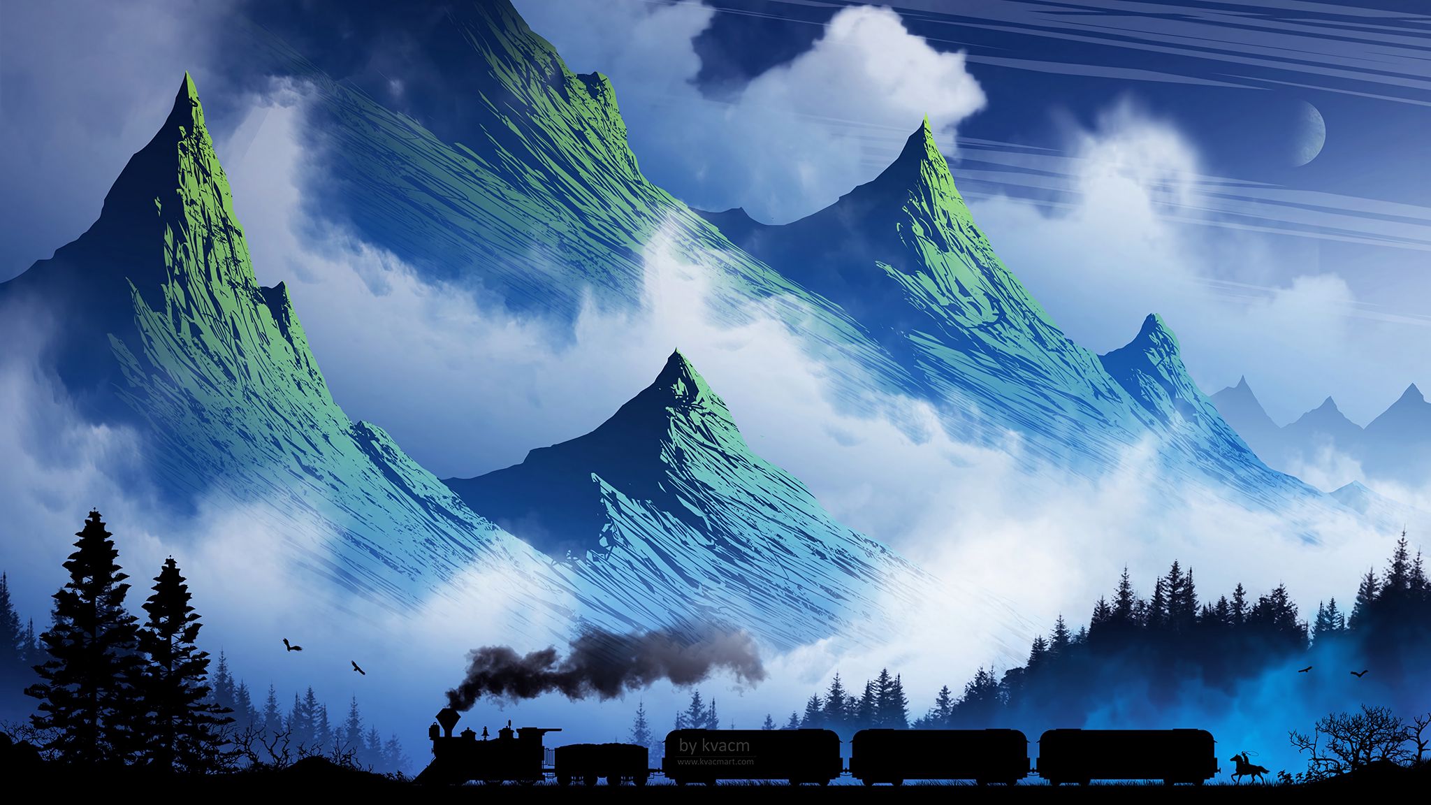 2048x1152 Wallpaper train, mountains, art, fog, smoke