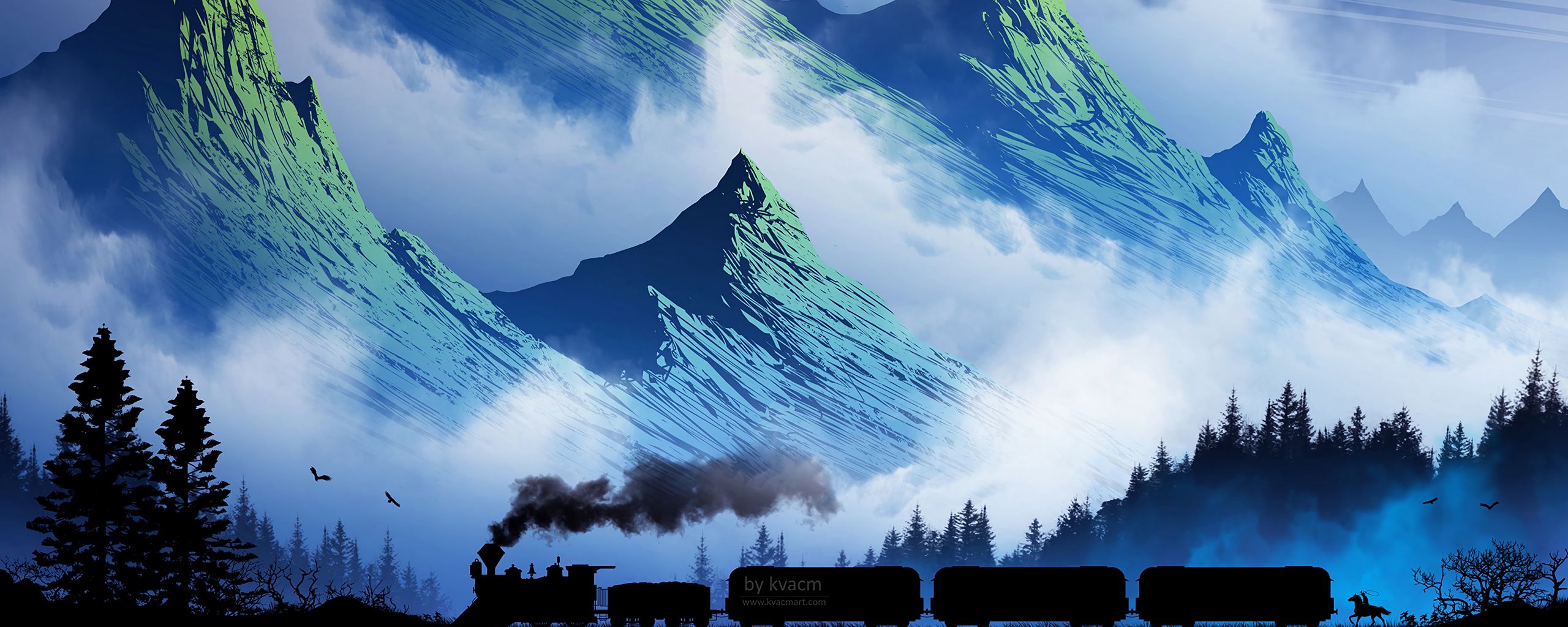 2560x1024 Wallpaper train, mountains, art, fog, smoke