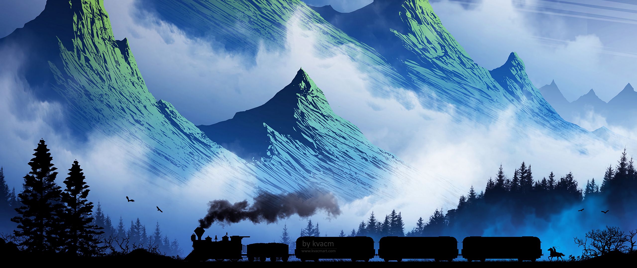 2560x1080 Wallpaper train, mountains, art, fog, smoke