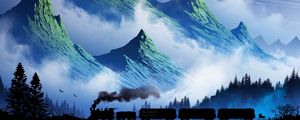 Preview wallpaper train, mountains, art, fog, smoke