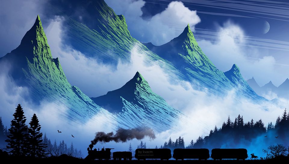 960x544 Wallpaper train, mountains, art, fog, smoke