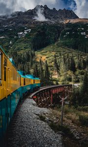 Preview wallpaper train, mountains, bridge, trees, nature