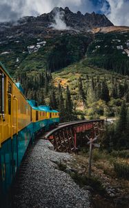 Preview wallpaper train, mountains, bridge, trees, nature