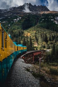 Preview wallpaper train, mountains, bridge, trees, nature