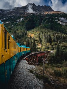Preview wallpaper train, mountains, bridge, trees, nature