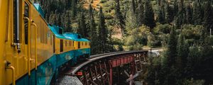 Preview wallpaper train, mountains, bridge, trees, nature