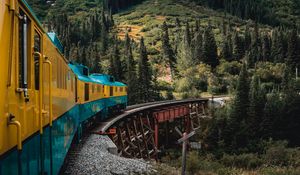 Preview wallpaper train, mountains, bridge, trees, nature