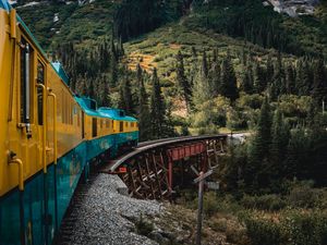 Preview wallpaper train, mountains, bridge, trees, nature