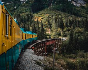 Preview wallpaper train, mountains, bridge, trees, nature