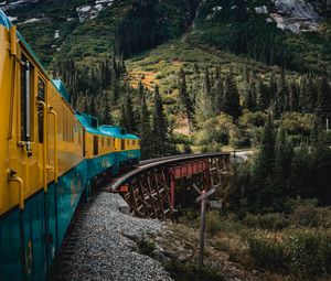Preview wallpaper train, mountains, bridge, trees, nature