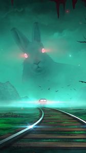 Preview wallpaper train, rabbit, illusion, night, art