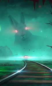Preview wallpaper train, rabbit, illusion, night, art