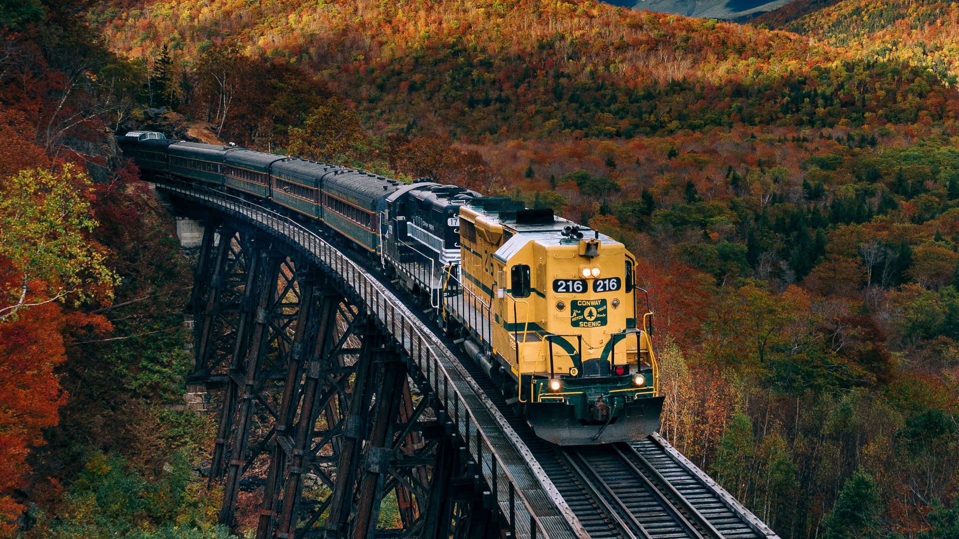 Download wallpaper 1920x1080 train, railroad, autumn, trees full hd, hdtv,  fhd, 1080p hd background