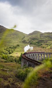 Preview wallpaper train, railroad, bridge, hills, smoke