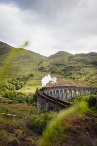 Preview wallpaper train, railroad, bridge, hills, smoke