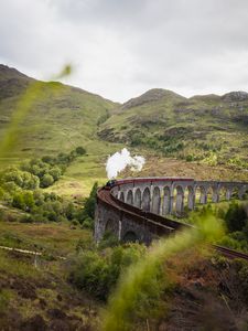 Preview wallpaper train, railroad, bridge, hills, smoke