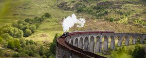 Preview wallpaper train, railroad, bridge, hills, smoke